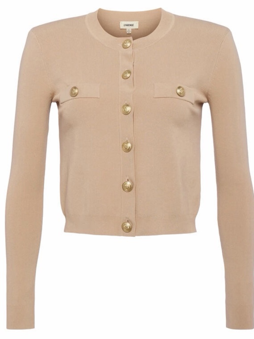 L'AGENCE Toulouse Crew Neck Cardigan in Camel with Gold Buttons